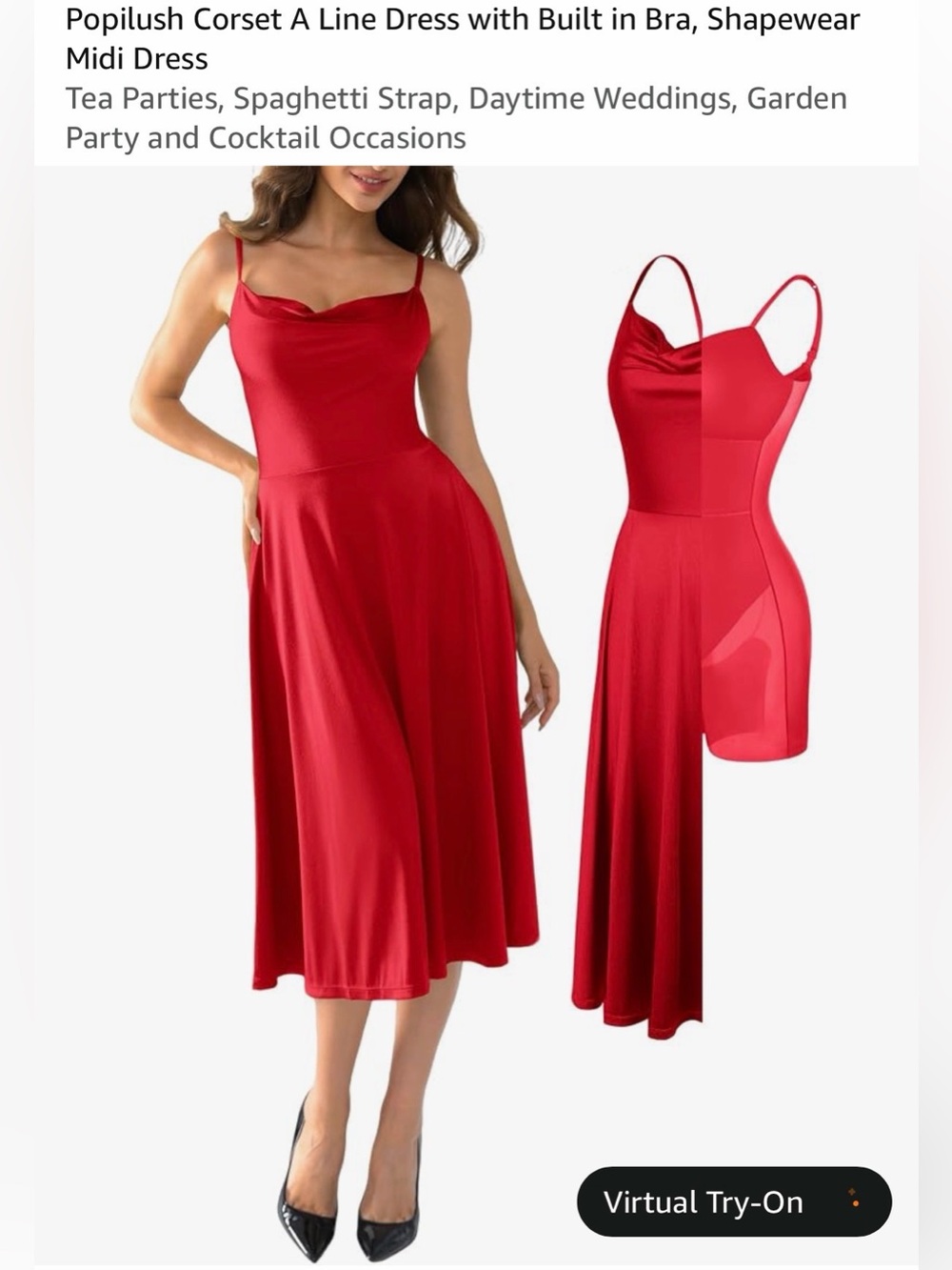 NWT Red Spaghetti-Strap A-Line Midi Dress with Built-In Shapewear - size L